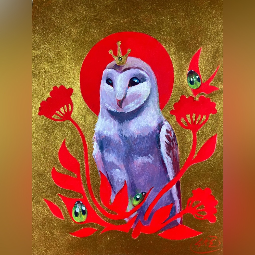 Original Owl painting bird ladybugs Red moon whimsical Gold Decor Artettina USA